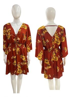 bailey blue Rust Floral Tie-Front Mini Dress with Yellow Blooms Size L